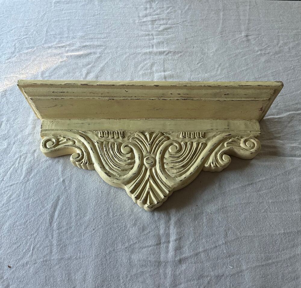 Vintage distressed antique finish wall corbel shelf acanthus leaf tassel yellow